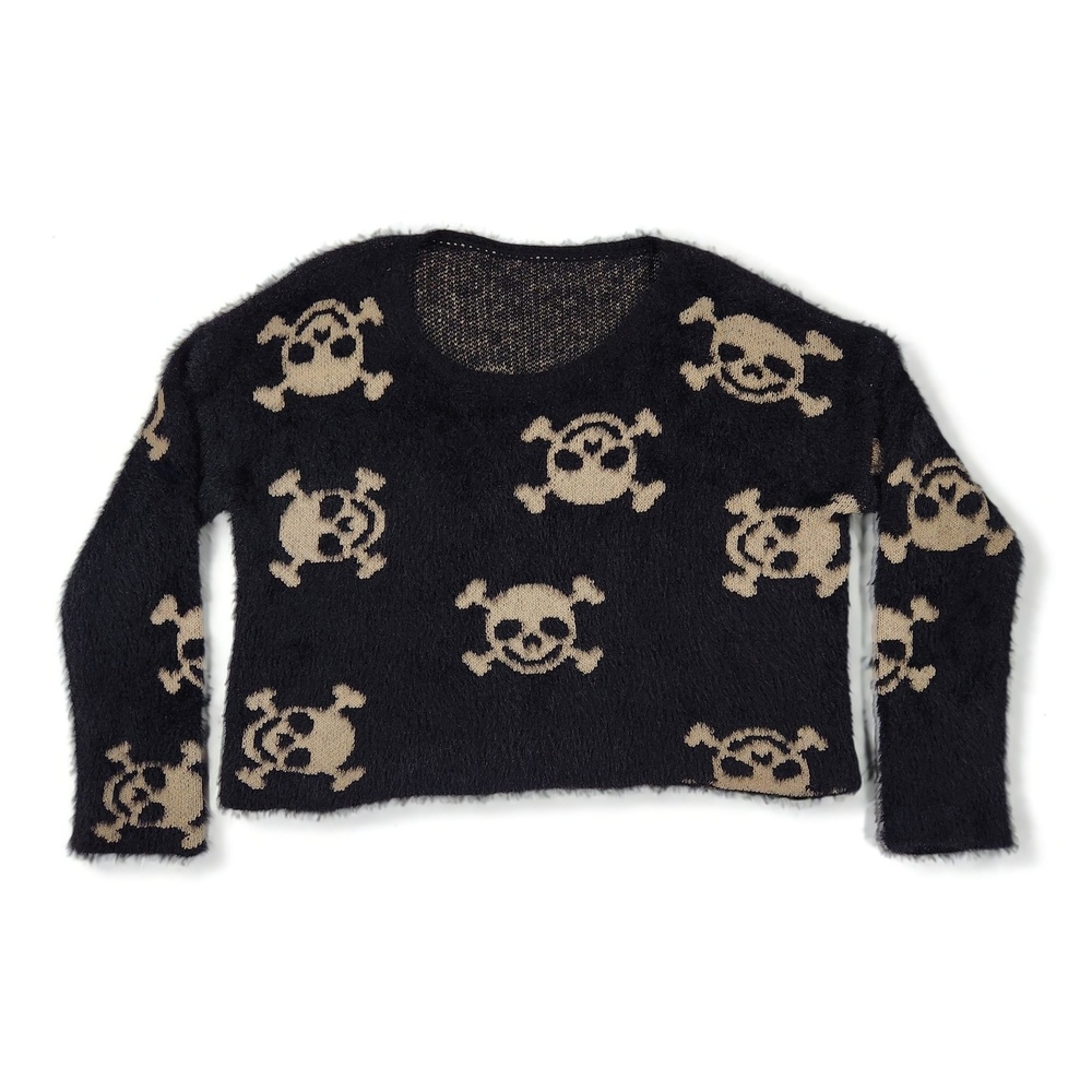 SHEIN Cropped Eyelash Knit Sweater Skull Print Whimsigoth Grunge Pullover L